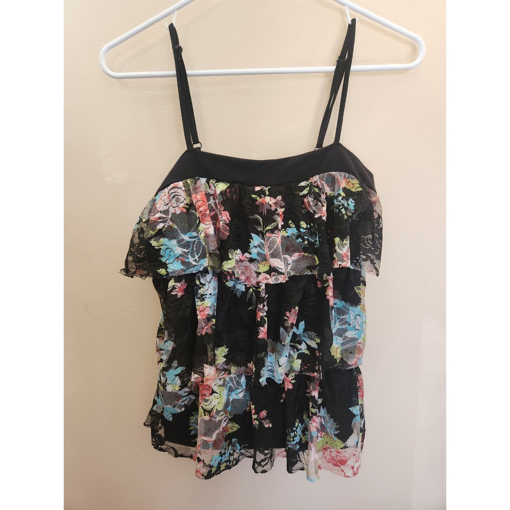 Almost Famous Floral Mesh Ruffle Y2K Tiered‎ Lace Camisole Sheer Floral Grunge M